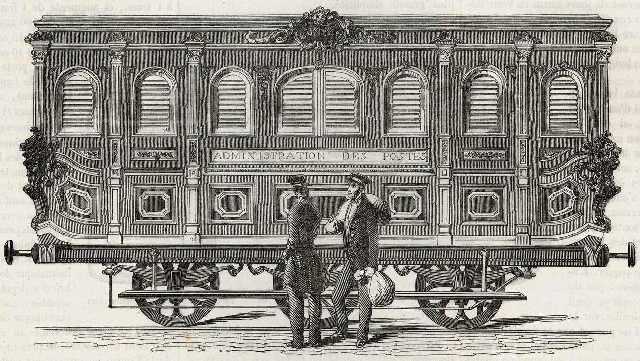 Postkontor - exteriörvy av det mobila kontoret - Gravyr i "Tableau-de-Paris" av Edmond Texier 1852 av French School