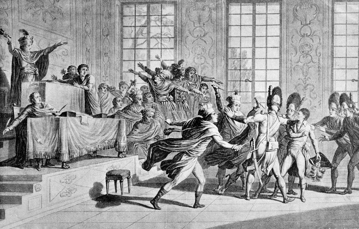 Den lagstiftande församlingens session på orangerie de St Cloud: Bonapartes framträdande och befrielsedagen av den 18:e dimman år VIII i kammaren för rådet för fem cent (fem cent) (rum med 500) av French School