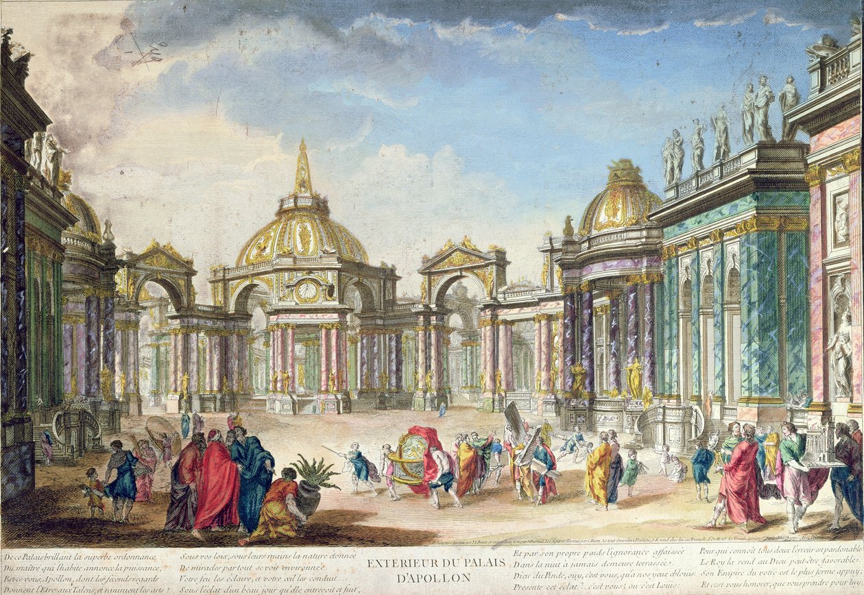 Scenografi för exteriören av Apollos Palace, publicerad i Paris, 1748 av French School