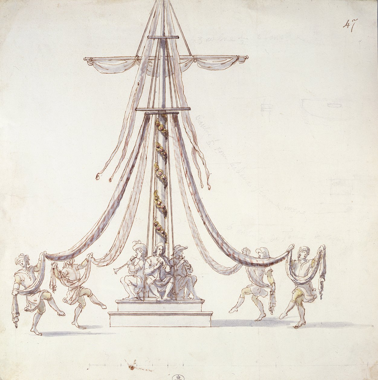 Scenografi för en balett med sjömän som dansar runt en mast, från en kollektion med titeln Les Menus Plaisirs du Roi (wc och penna och bläck på papper) av French School