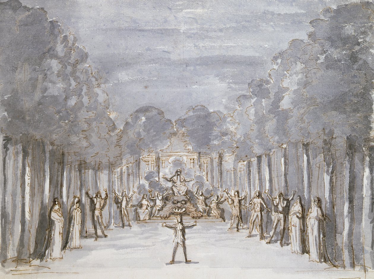Scenografi för en opera, från en samling med titeln Les Menus Plaisirs du Roi (penna och bläck & wc på papper) av French School