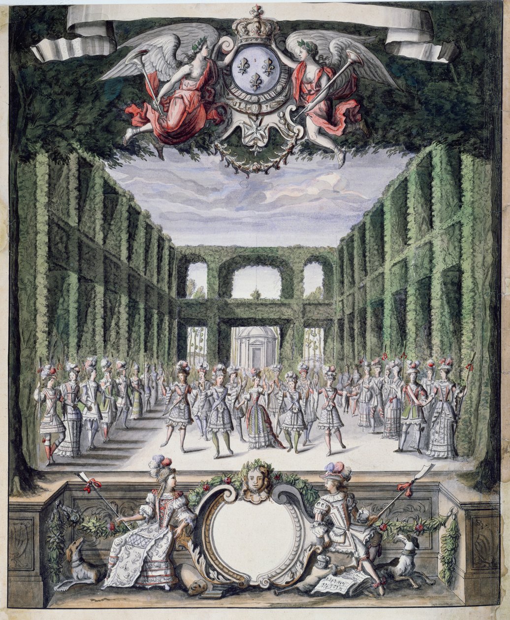 Scenografi för en oidentifierad balett i en trädgård, hämtad från en samling med titeln Menus Plaisirs du Roi (penna & bläck och wc på papper) av French School