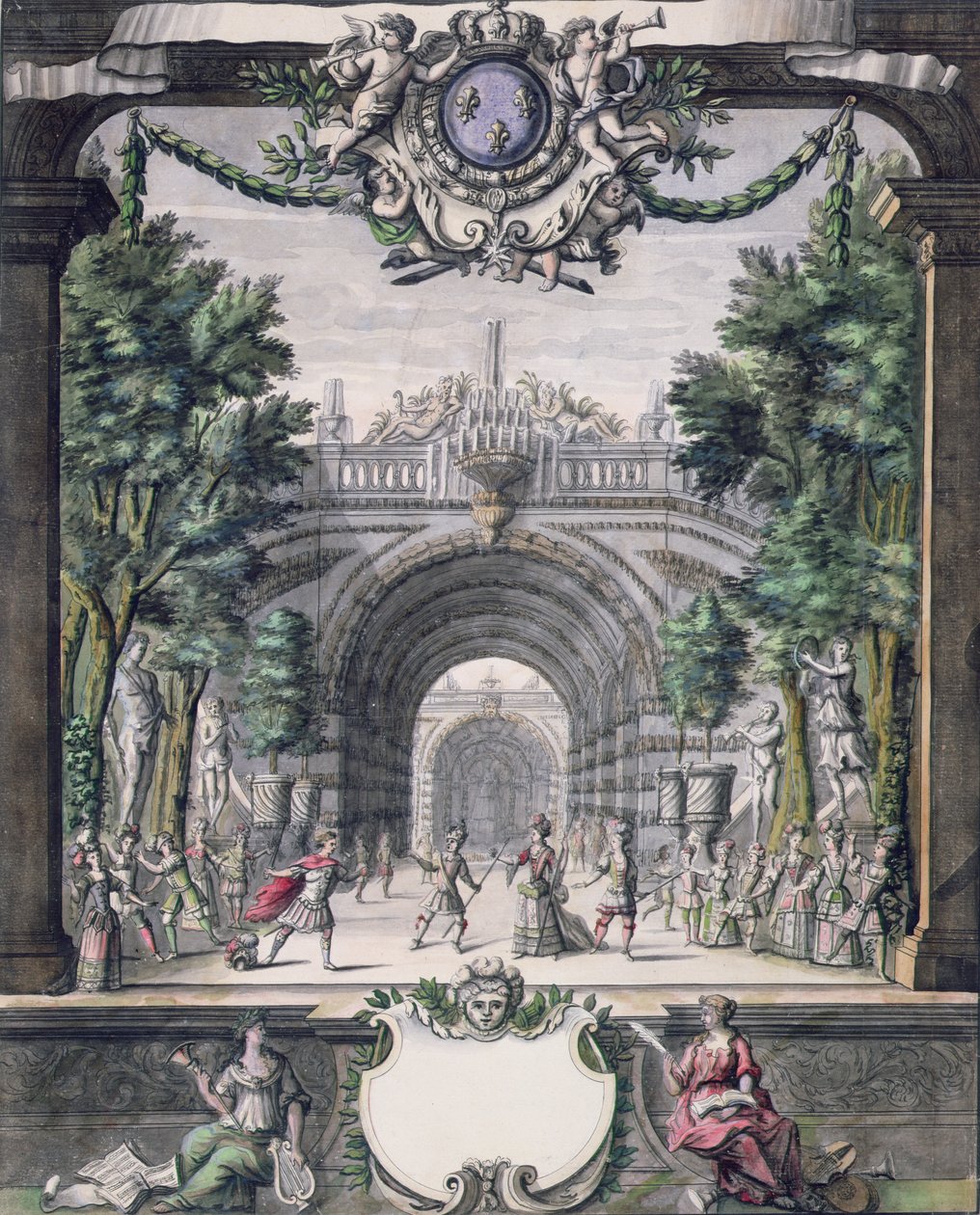 Scenografi för en oidentifierad balett, hämtad från en samling med titeln Menus Plaisirs du Roi (penna & bläck och wc på papper) av French School