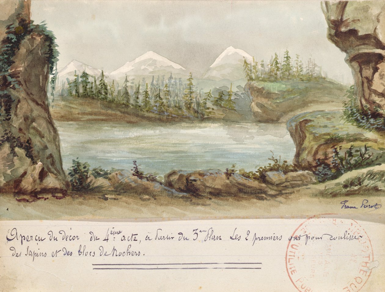 Scenografi för akt IV av operan William Tell av Gioacchino Rossini (1792-1868) framförd den 3 augusti 1829 på Parisoperan (wc på papper) av French School