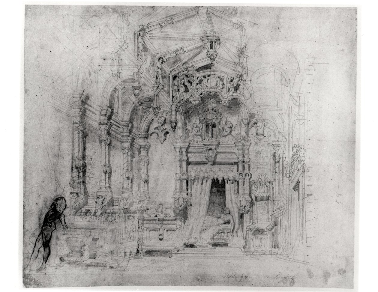 Scenografi för den första produktionen av Angelo, tyran de Padoue av Victor Hugo (1802-85), 1835 (penna och bläck på papper) av French School