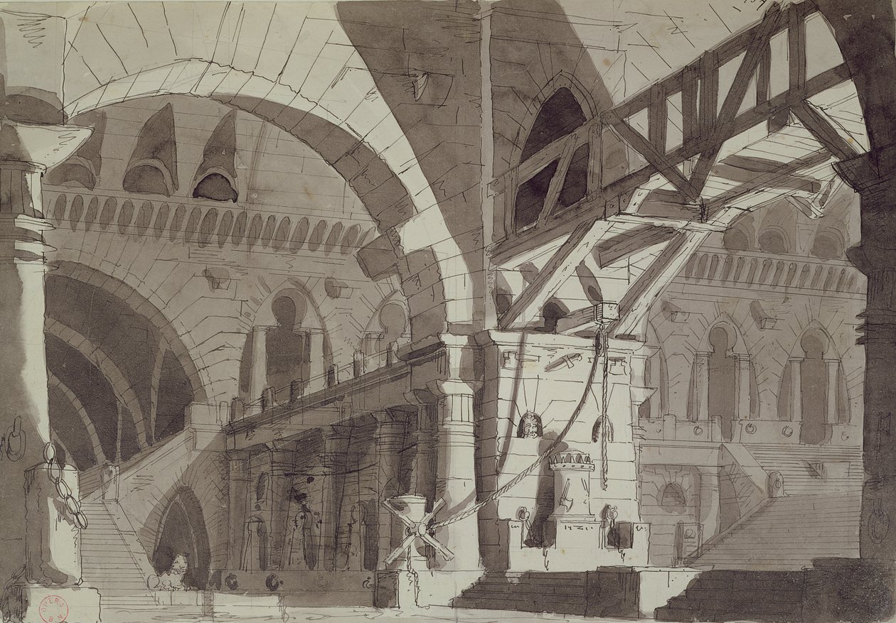 Scenografi i stil med Piranesis fängelseteckningar, ca 1800 (penna, bläck och tvätt) av French School