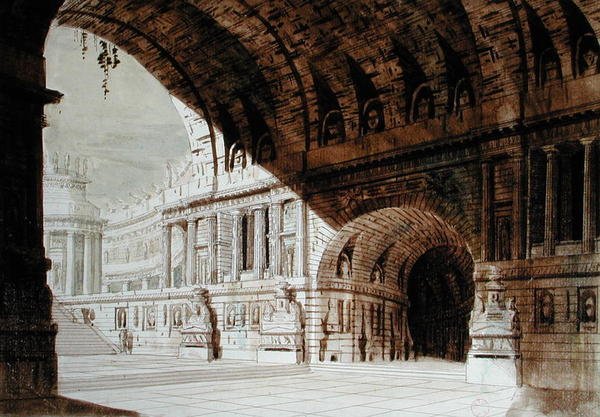 Scenografi inspirerad av antiken, ca 1800 (penna & bläck och akvarell på papper) av French School