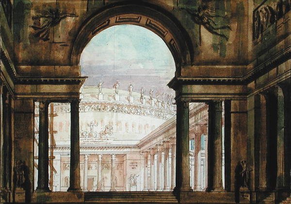Scenografi inspirerad av antiken, ca 1800 (penna & bläck och akvarell på papper) av French School