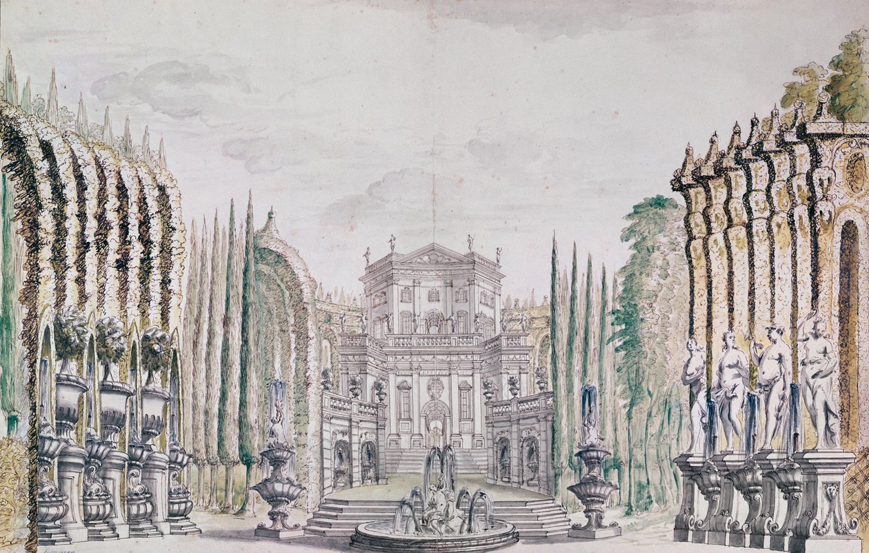Scenografi av ett palats för en teater, ca 1660-80 (penna & bläck och wc på papper) av French School