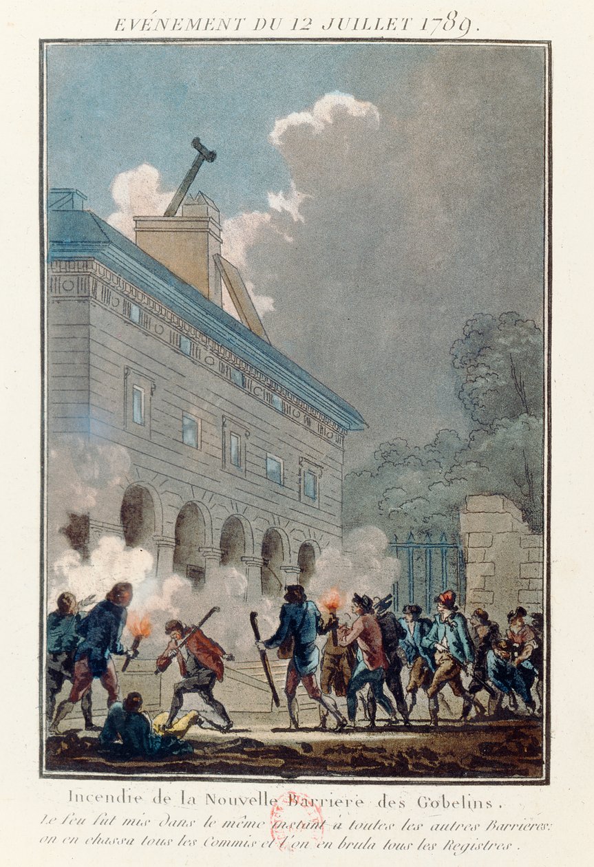 Att sätta eld på muren av Fermiers Generaux i Paris den 12 juli 1789 av French School