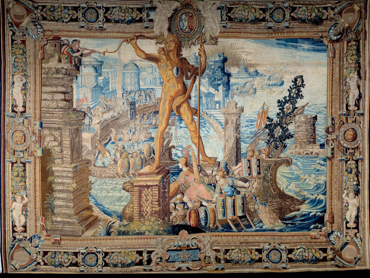Världens sju underverk: Rhodos koloss (staty av Helios). Gobelin tillverkad av gobelinernas verkstad. 1600-talets Paris, Musee des Gobelins av French School