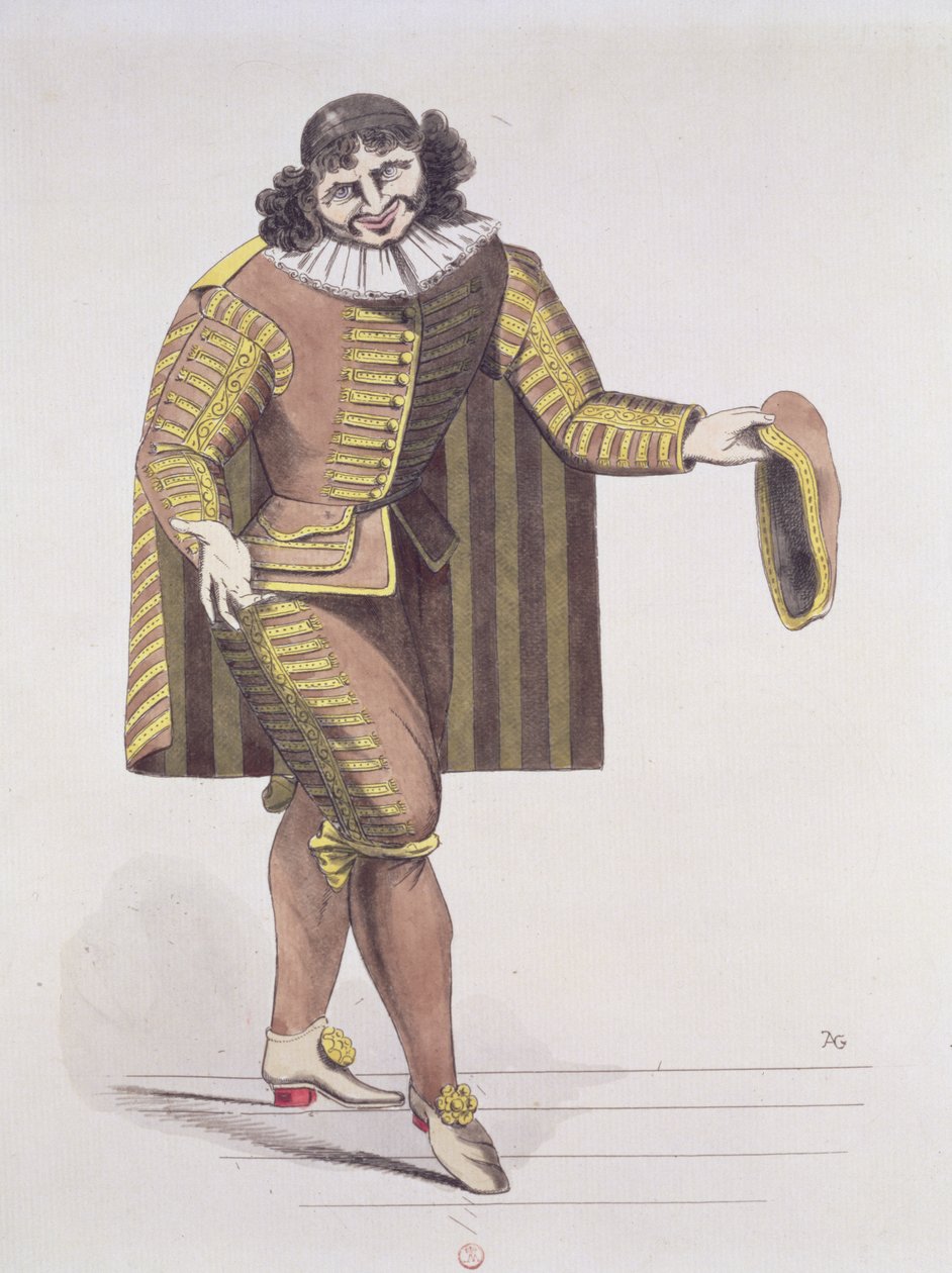 Sganarelle i LEcole des Maris av Moliere, premiär 24 juni 1661 på Palais-Royal Theatre, Paris (penna, bläck & wc på papper) av French School