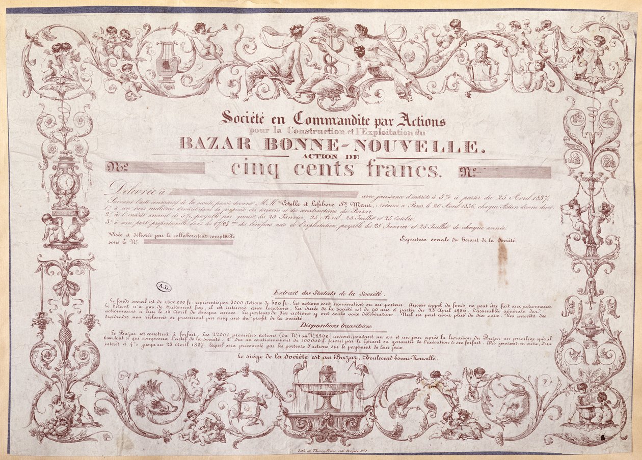 Aktiecertifikat för 500 franc för Bazar Bonne-Nouvelle, 1836 av French School