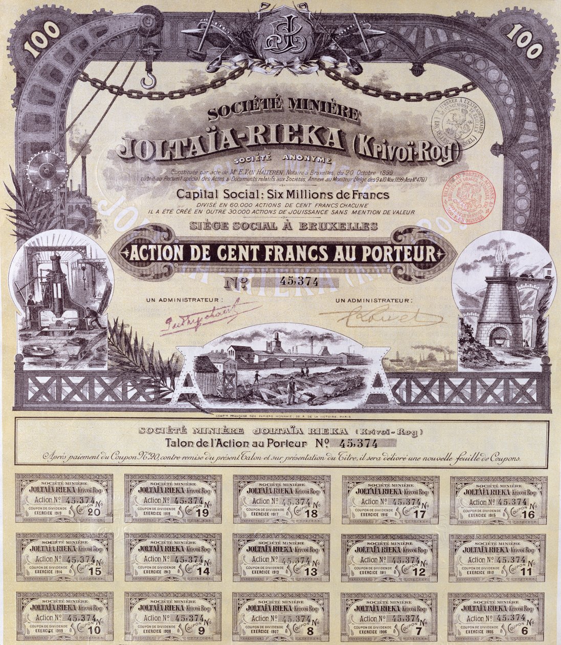 Aktiebrev för 100 franc för det fransk-ryska gruvbolaget Joltaia-Rieka, 1899 av French School