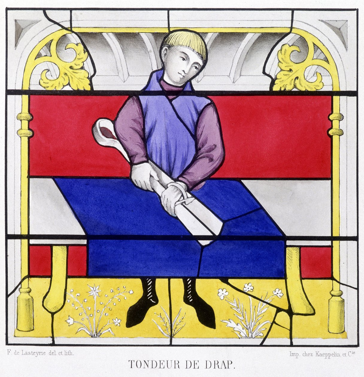 Plåtmakare. Faksimil av ett målat glas från medeltiden i "Histoire de la peinture sur verre"" av Ferdinand de Lasteyrie av French School