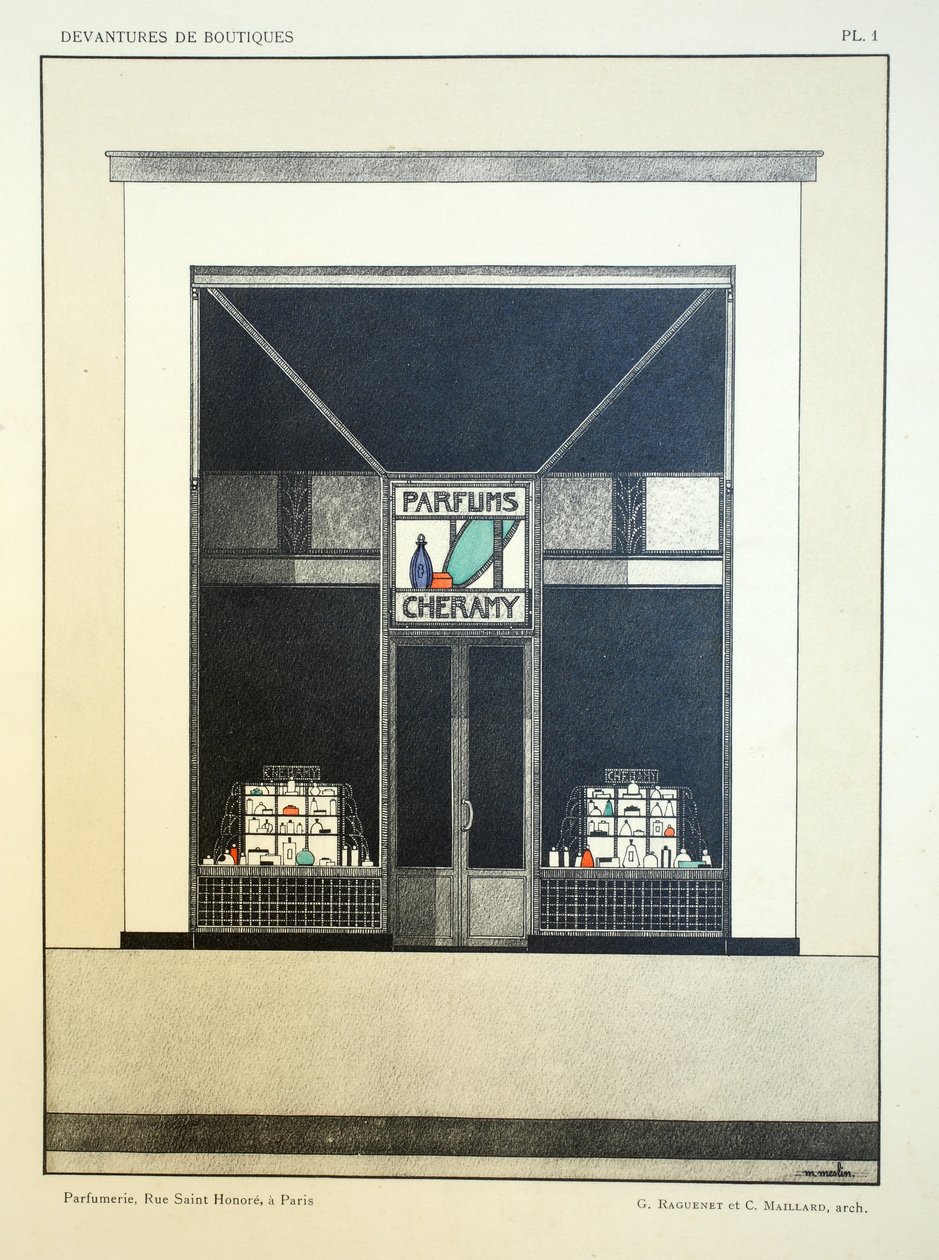 Butiksfront, skylt 1, illustration från Devantures de Boutiques av Louis-Pierre Sezille, Paris, 1927 av French School