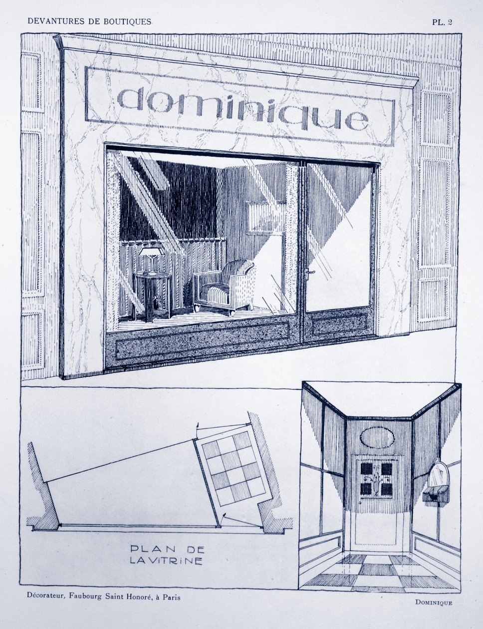 Butiksfront, skylt 2, illustration från Devantures de Boutiques av Louis-Pierre Sezille, Paris, 1927 av French School
