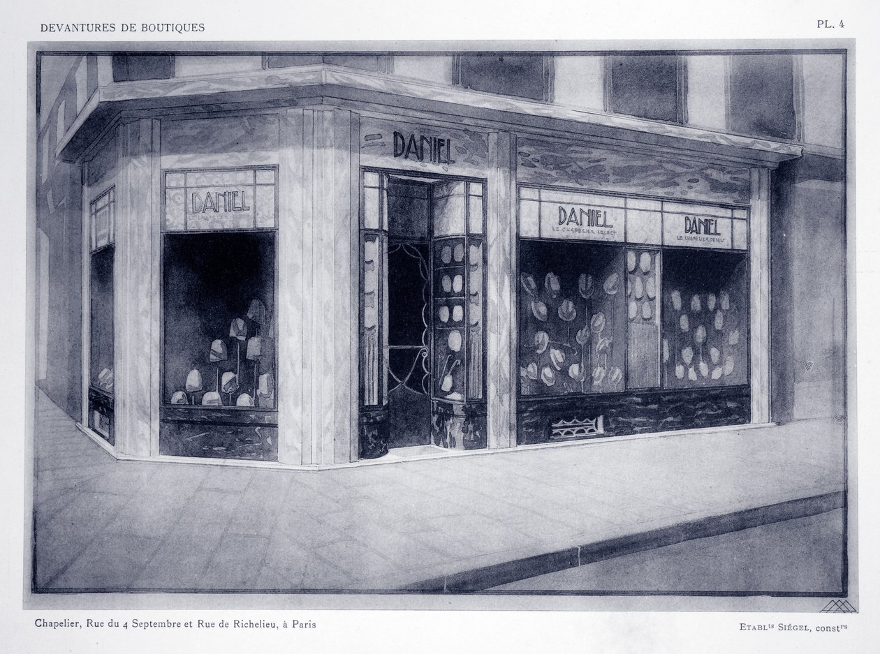 Butiksfront, skylt 4, illustration från Devantures de Boutiques av Louis-Pierre Sezille, Paris, 1927 av French School
