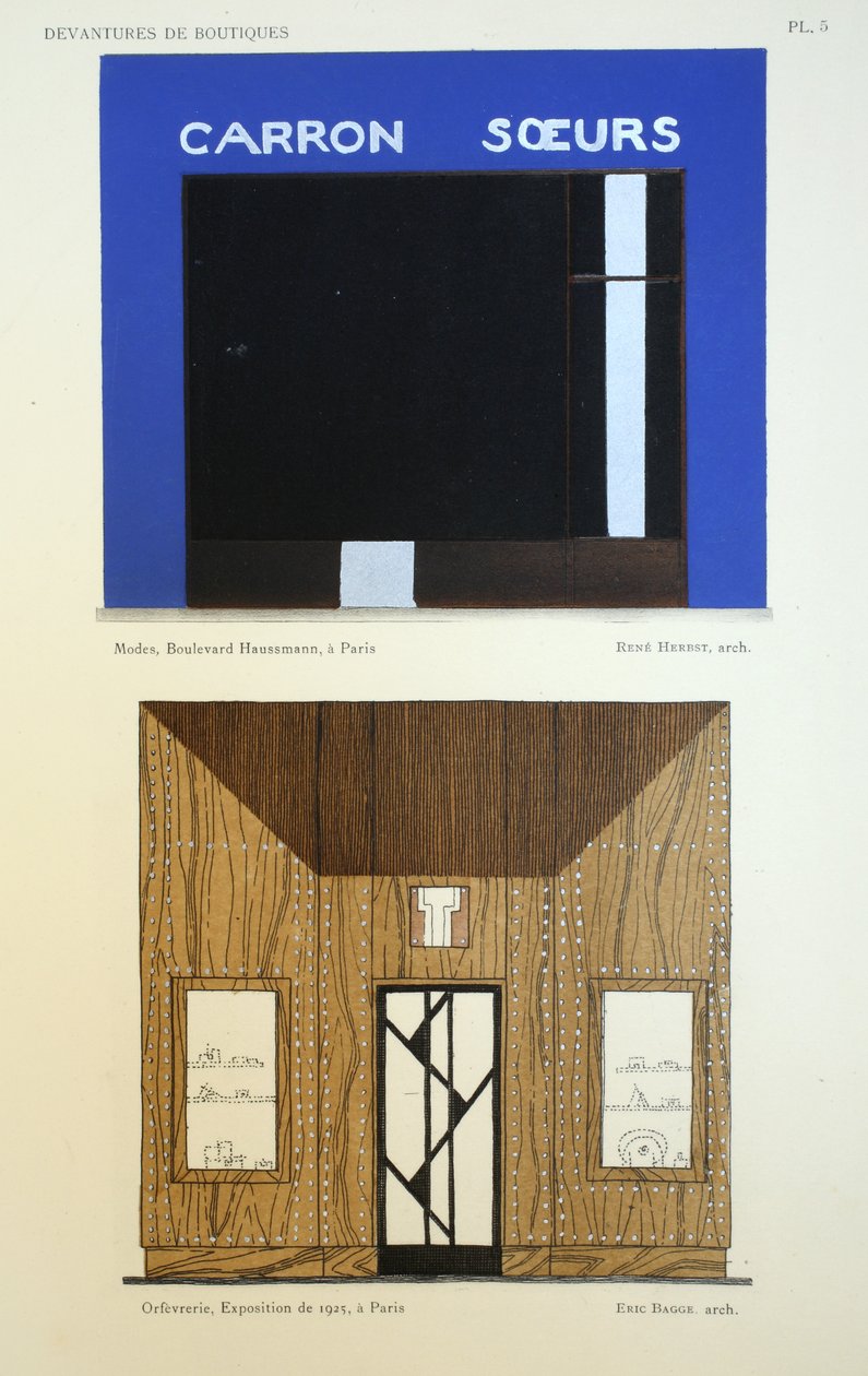Butiksfronter, illustration från Devantures de Boutiques av Louis-Pierre Sezille, Paris, 1927 av French School