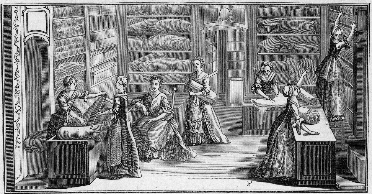 Butik för en "modehandlare" på 1700-talet. Gravyr i "La Marine et les colonies: handel" av French School