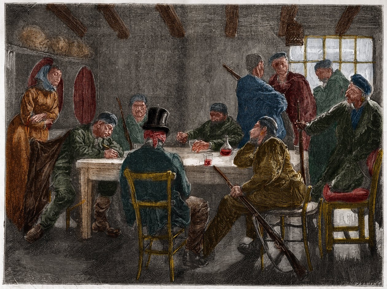 Siciliansk maffia på 1800-talet: Förhör av en godsägare upphävd av sicilianska maffior 1873. Gravyr från 1873. av French School