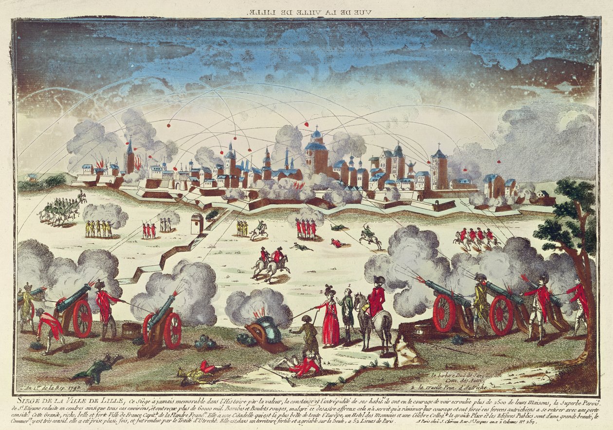 Belägring och bombardement av Lille av Albert de Saxe-Teschen, september-oktober 1792 (färgad gravyr) av French School