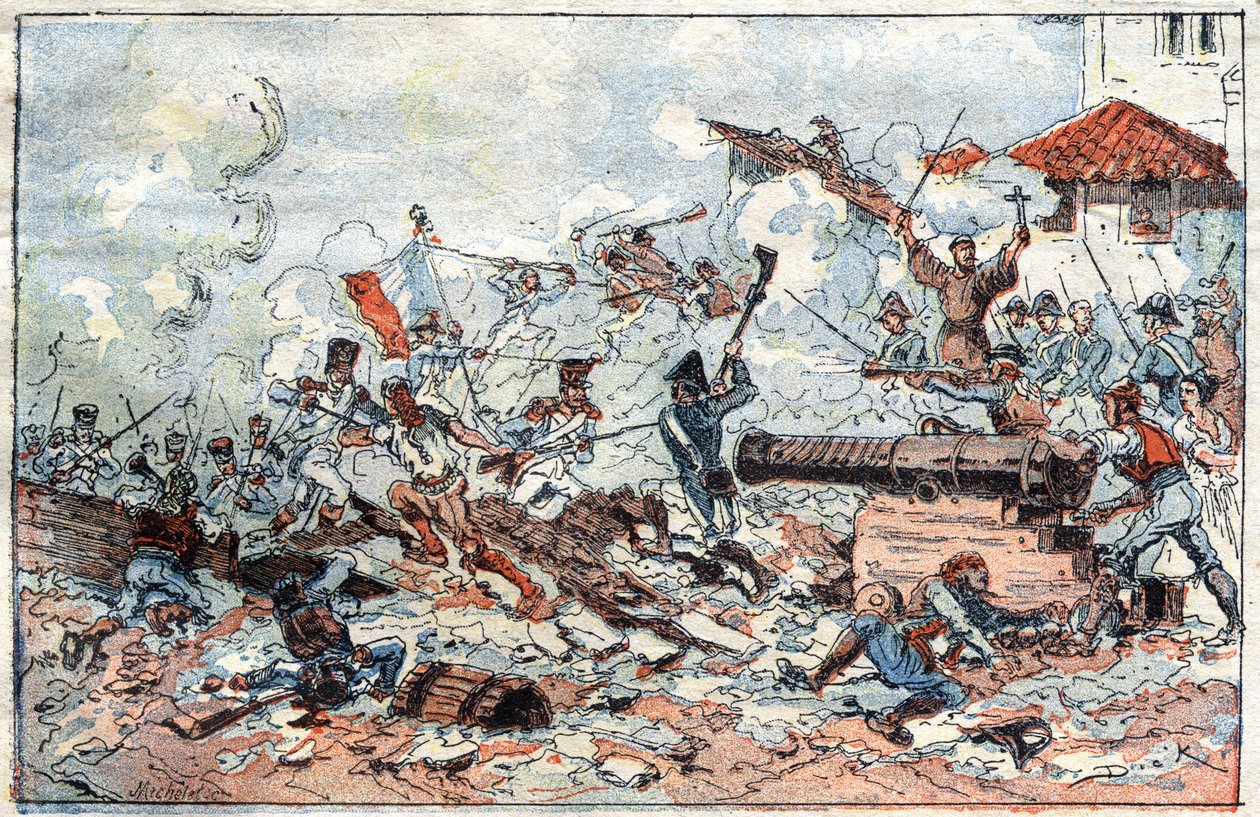 Belägring och tillfångatagande av Zaragoza (Zaragoza) i Spanien i februari 1809 av Napoleonska trupperna. Gravyr av 1800-talet. av French School