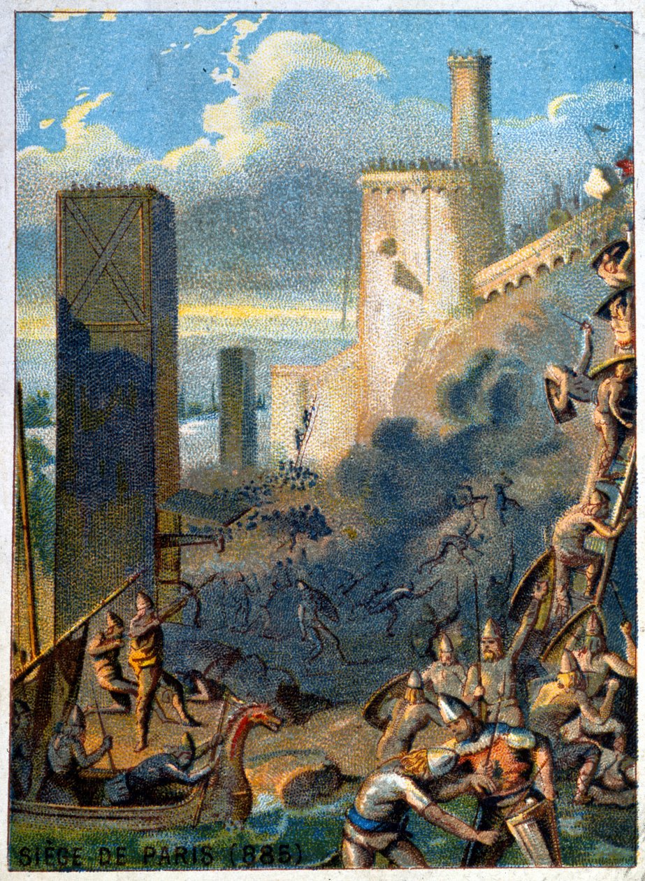 Belägring av Paris (885) av normanderna (viking). Chromolithography of the Series "" Patriotic Education through Image"". av French School
