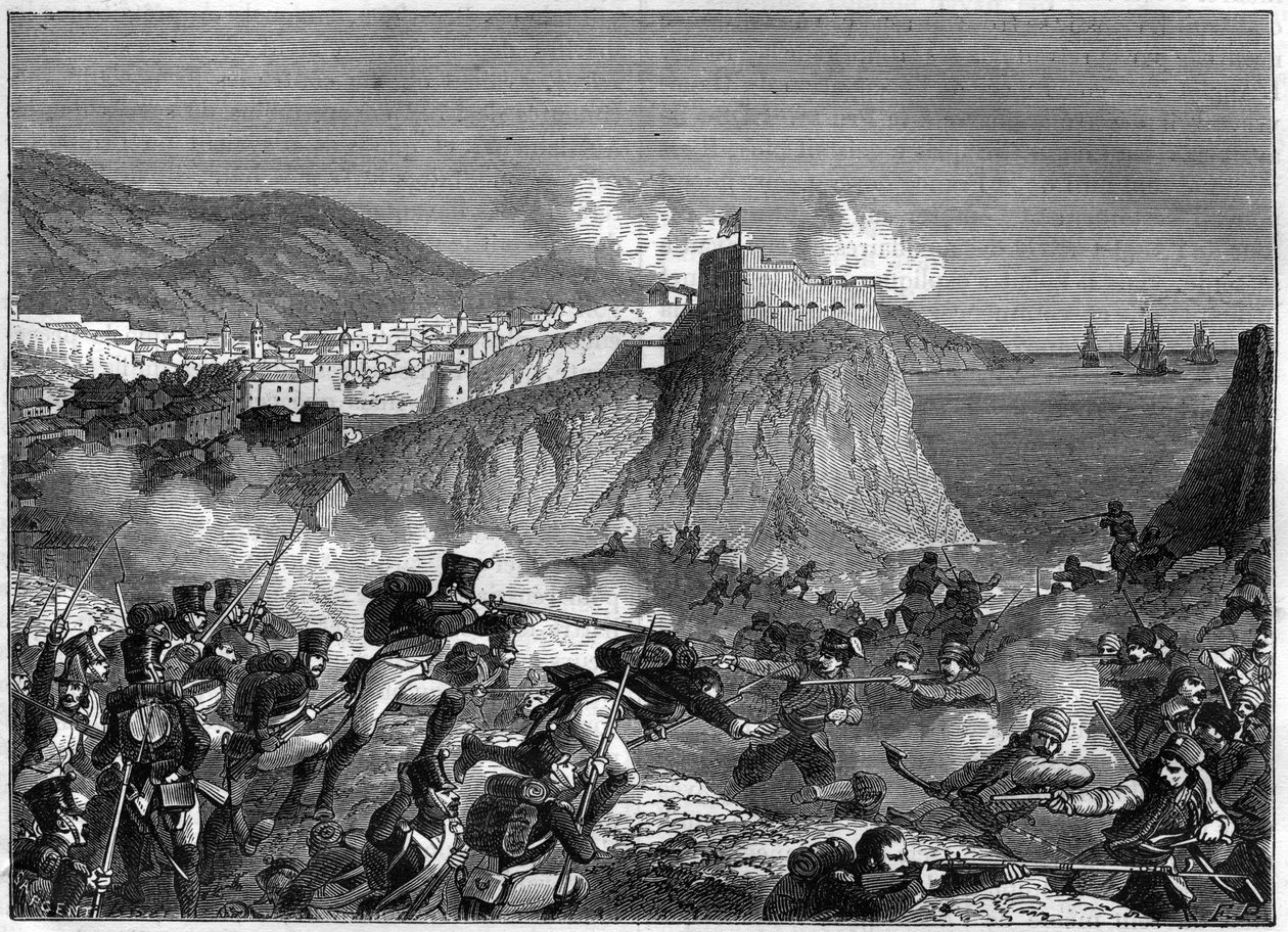 Belägring av Ragusa (Republiken Ragusa) (Ragusa på kroatiska Dubrovnik) under Napoleonkrigen i maj och juni 1806 (Dalmatienkampanj av general Molitor och Lauriston) - i "" Historia om imperiet efter konsulatets historia"" av Adolphe Thier av French School