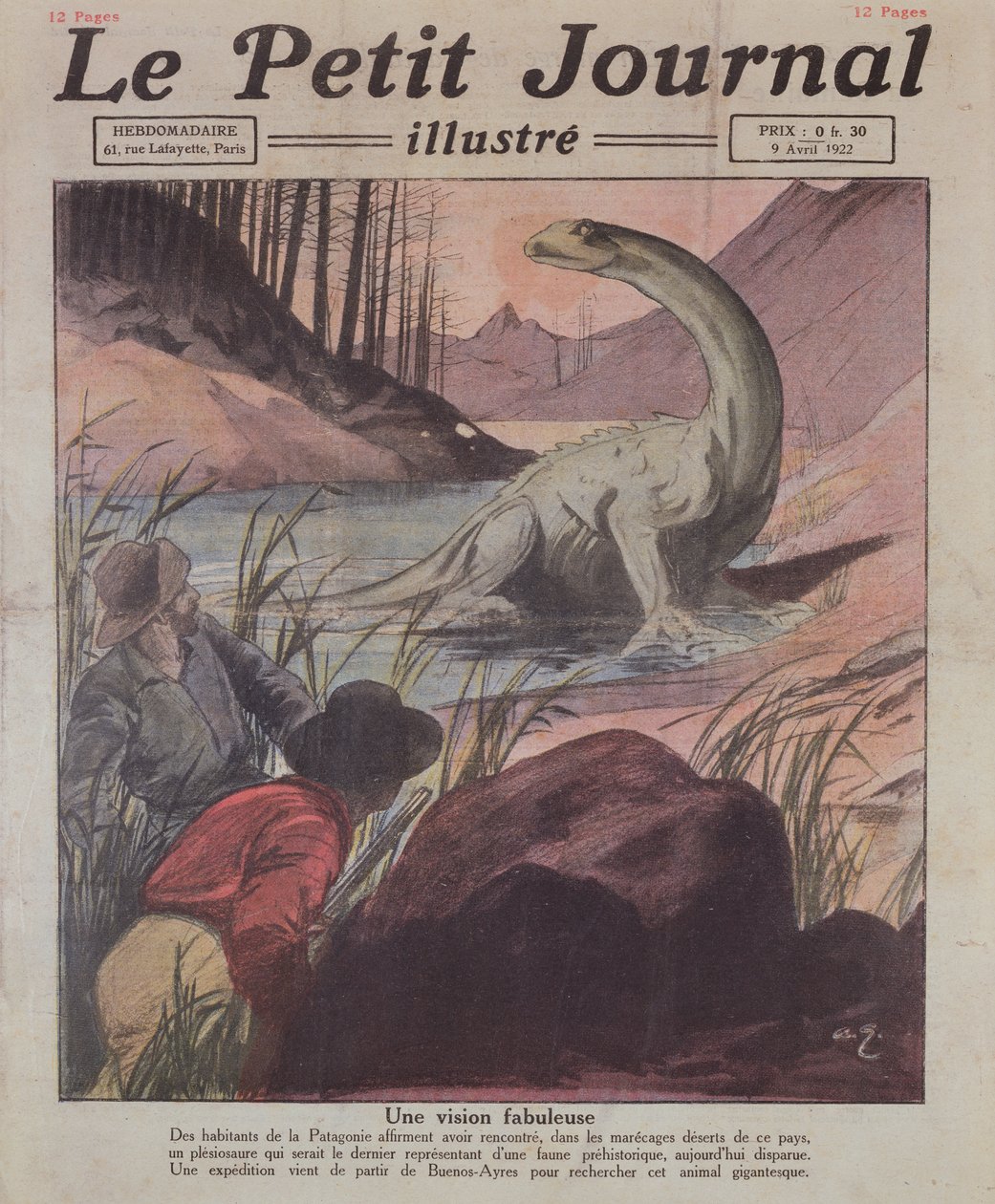 Iakttagelse av en Plesiosaurus i Patagonien, omslagsillustration av Le Petit Journal, 9 april, 1922 av French School