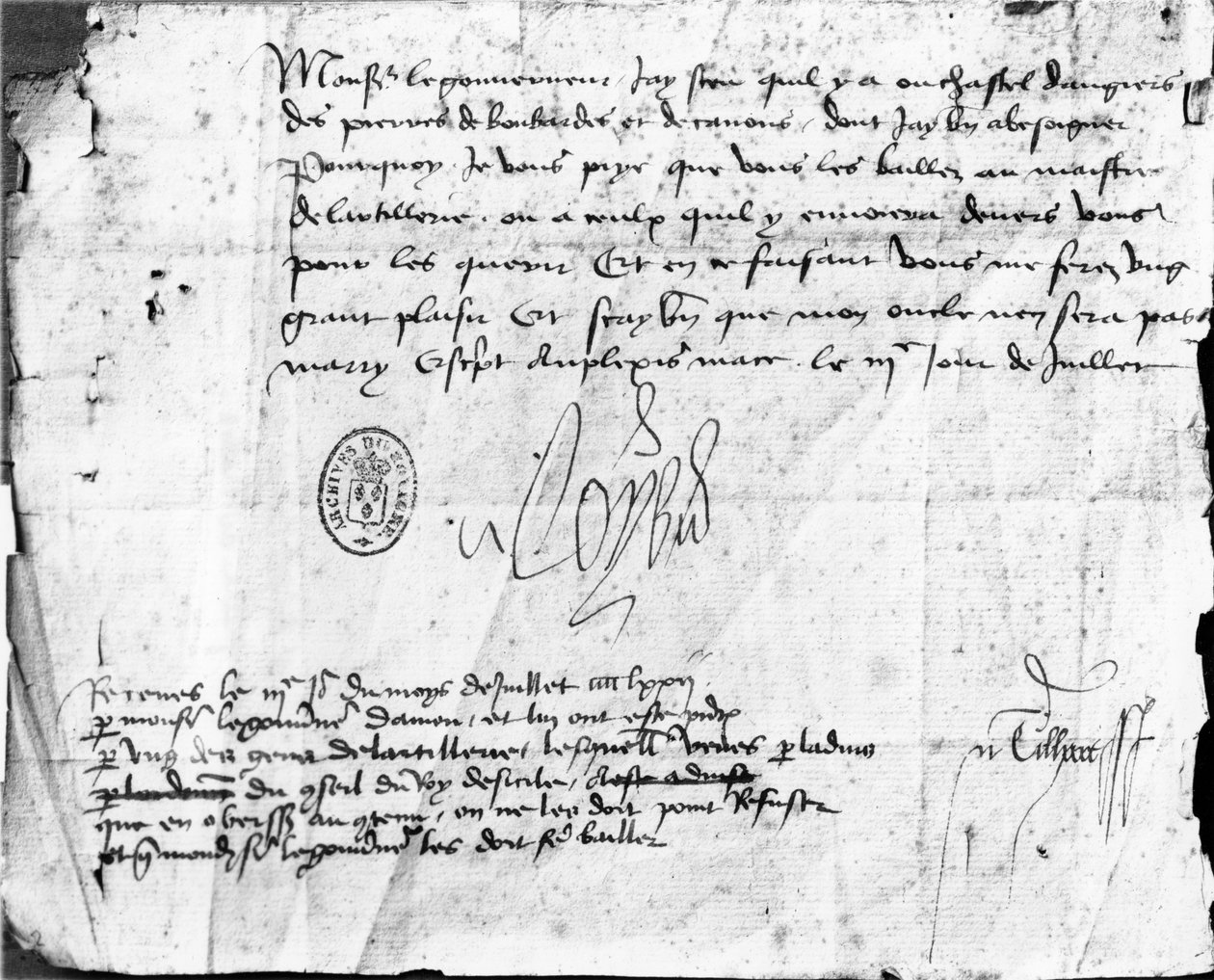 Ludvig XI:s underskrift på ett brev till guvernören i Anjou, daterat den 3 juli 1472 (bläck på papper) av French School