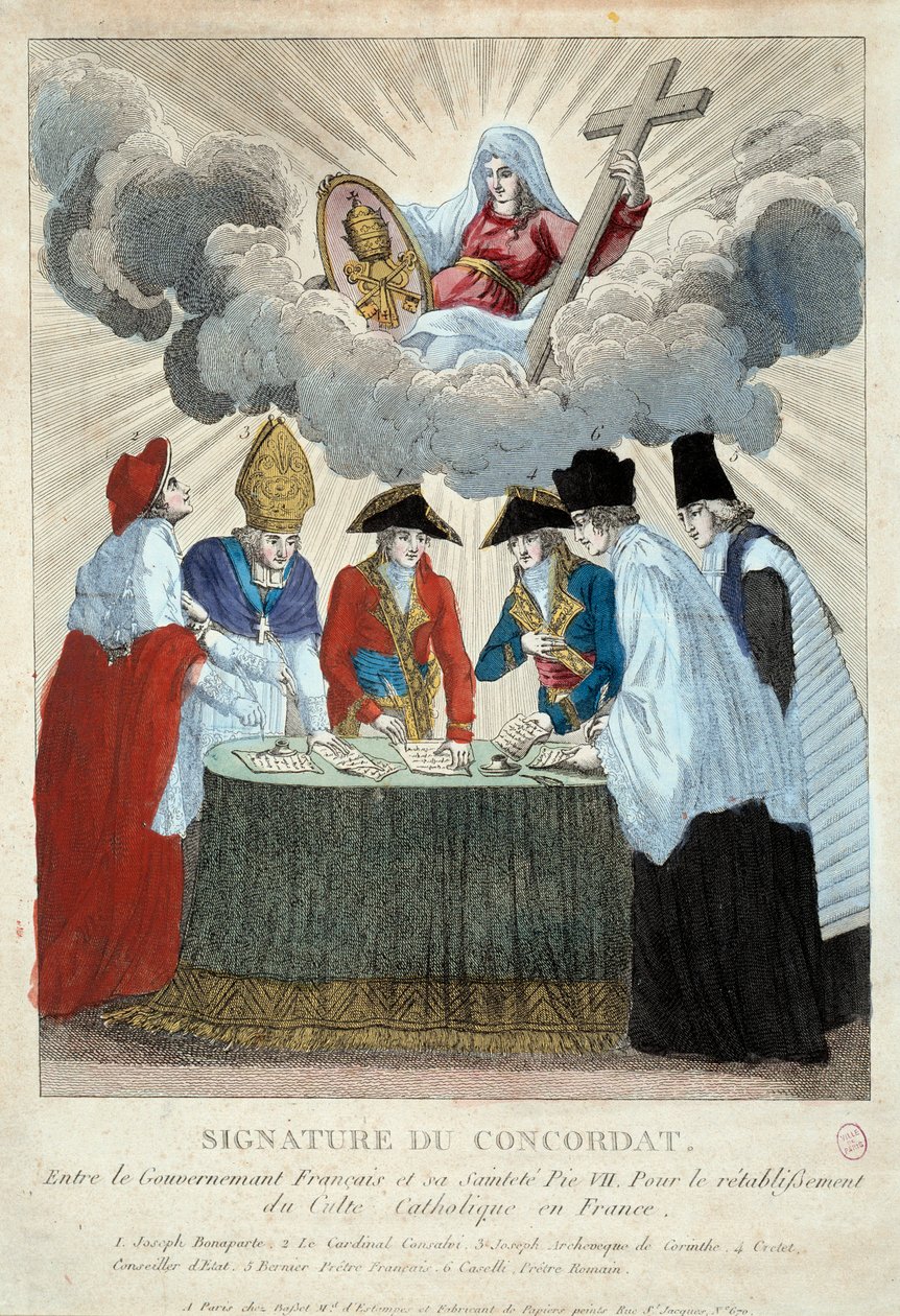 Underskrift av 1801 års konkordat den 15/07/1801: det är undertecknat mellan den franska regeringen (här representerad av Joseph Bonaparte) och Saint Siege (representerad av kardinal Consalvi för påven Pius VII). 1801 Paris, Musée Carnavalet av French School
