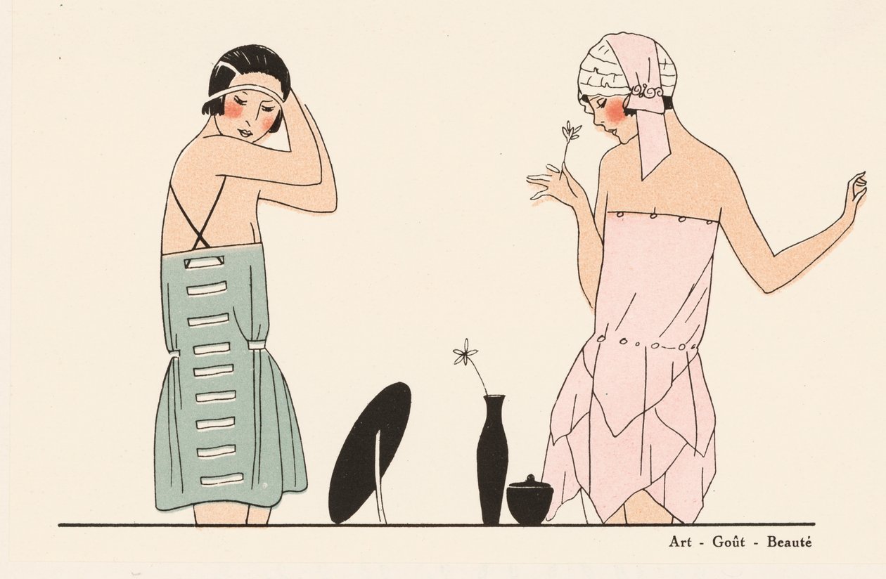 Underklädesmode i siden från 1920-talet (färglitografi) av French School