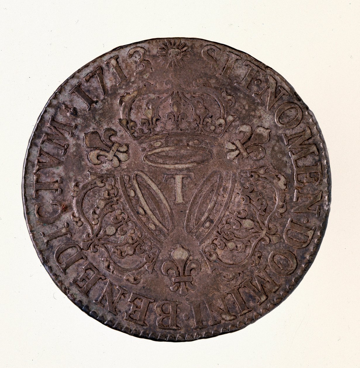 Silver fransk ecu (scude), kung Ludvig XIV:s regeringstid (1643-1715) 1713 Diam. 4 cm Neapel, museo archeologico av French School