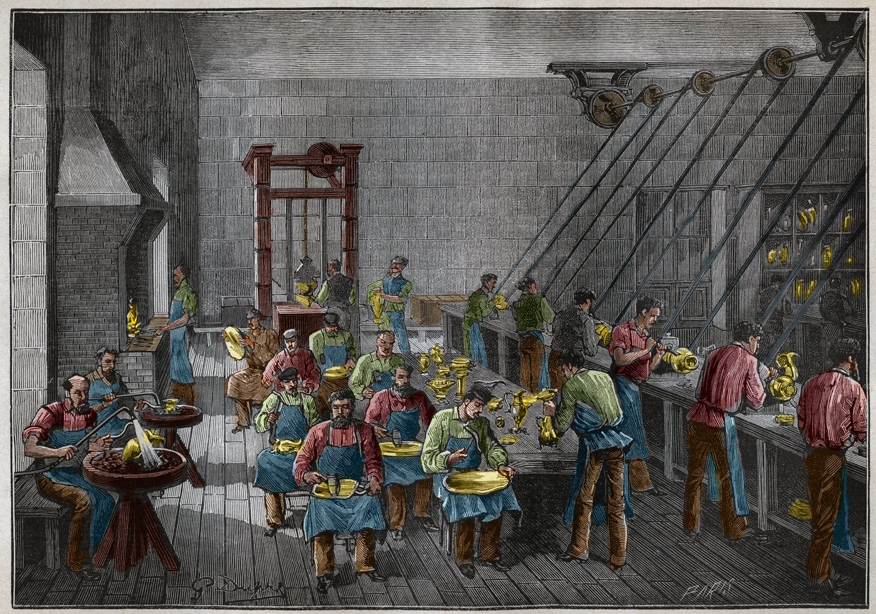Silververkstad i Frankrike på 1800-talet. Gravyr från 1885 i "" Les arts et metiers illustres"" av Adolphe BITARD. av French School