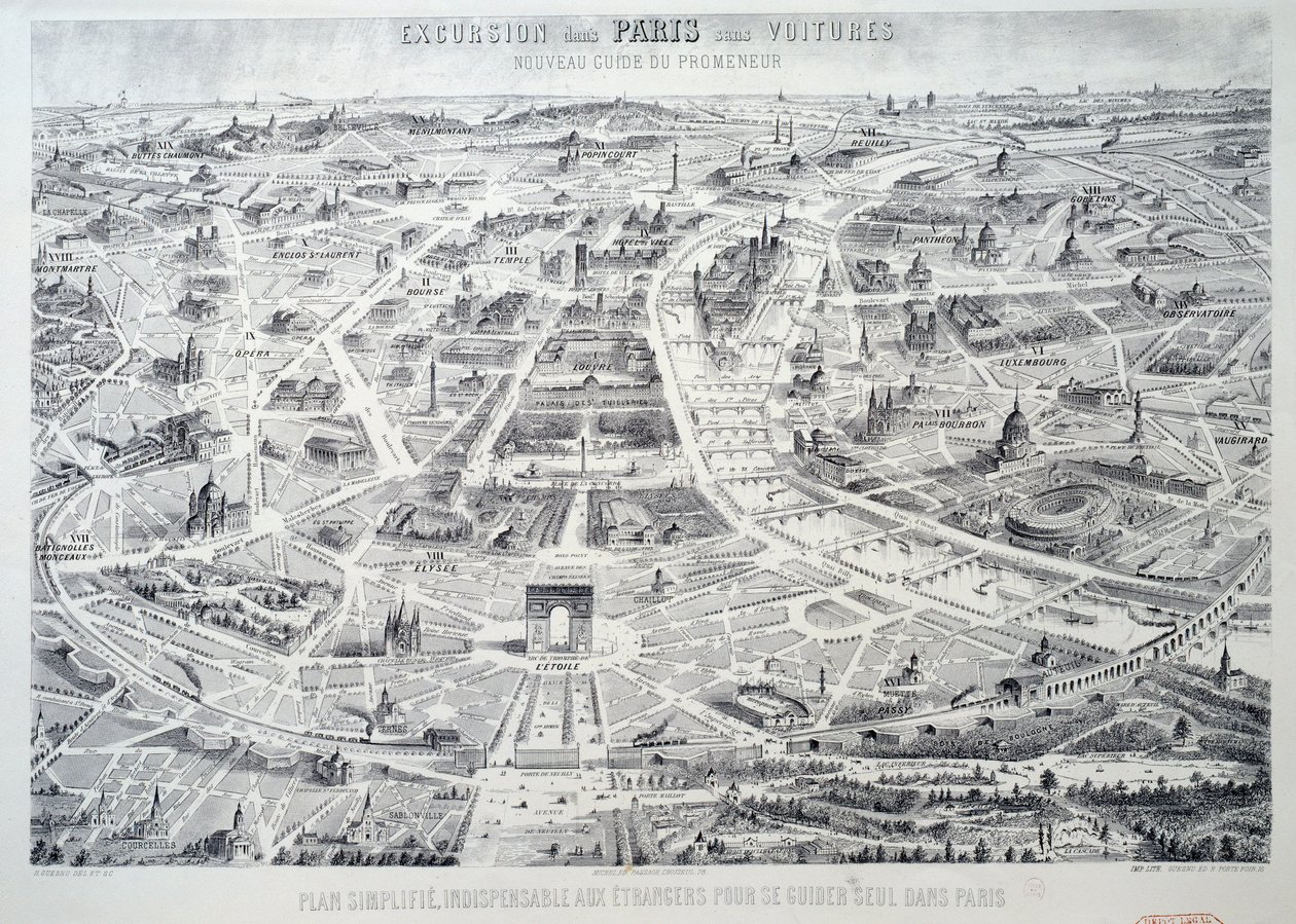 Förenklad plan för Paris oumbärlig för främlingar att guida sig själva i staden. Tallrik hämtad från "New guide of the walker, excursion of Paris without car"" 1900-talets Paris, Musee Carnavalet av French School