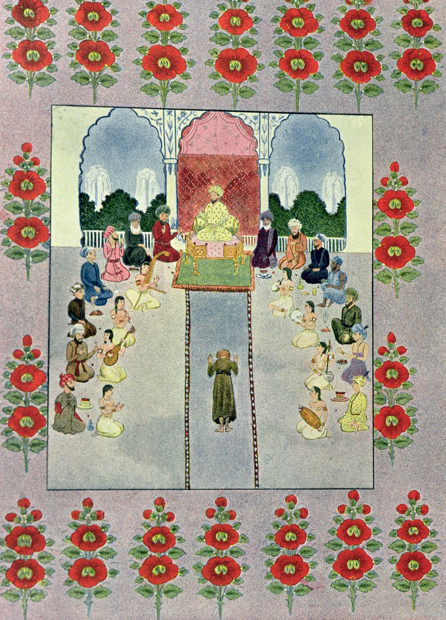 Sinbad the Sailor tar emot Sinbad the Sailor, illustration för Sinbad the Sailor, från The Arabian Nights, 1895 (färggravyr) av French School