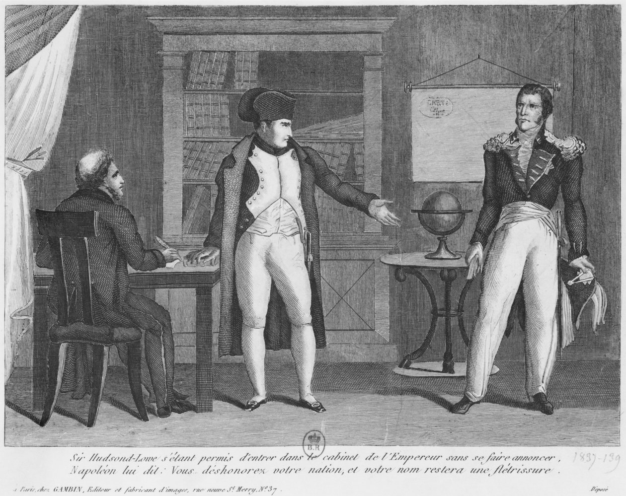 Sir Hudson Lowe kom in i studien av Napoleon I (1769-1821) på ön S:t Helena utan att tillkännage sig själv. av French School