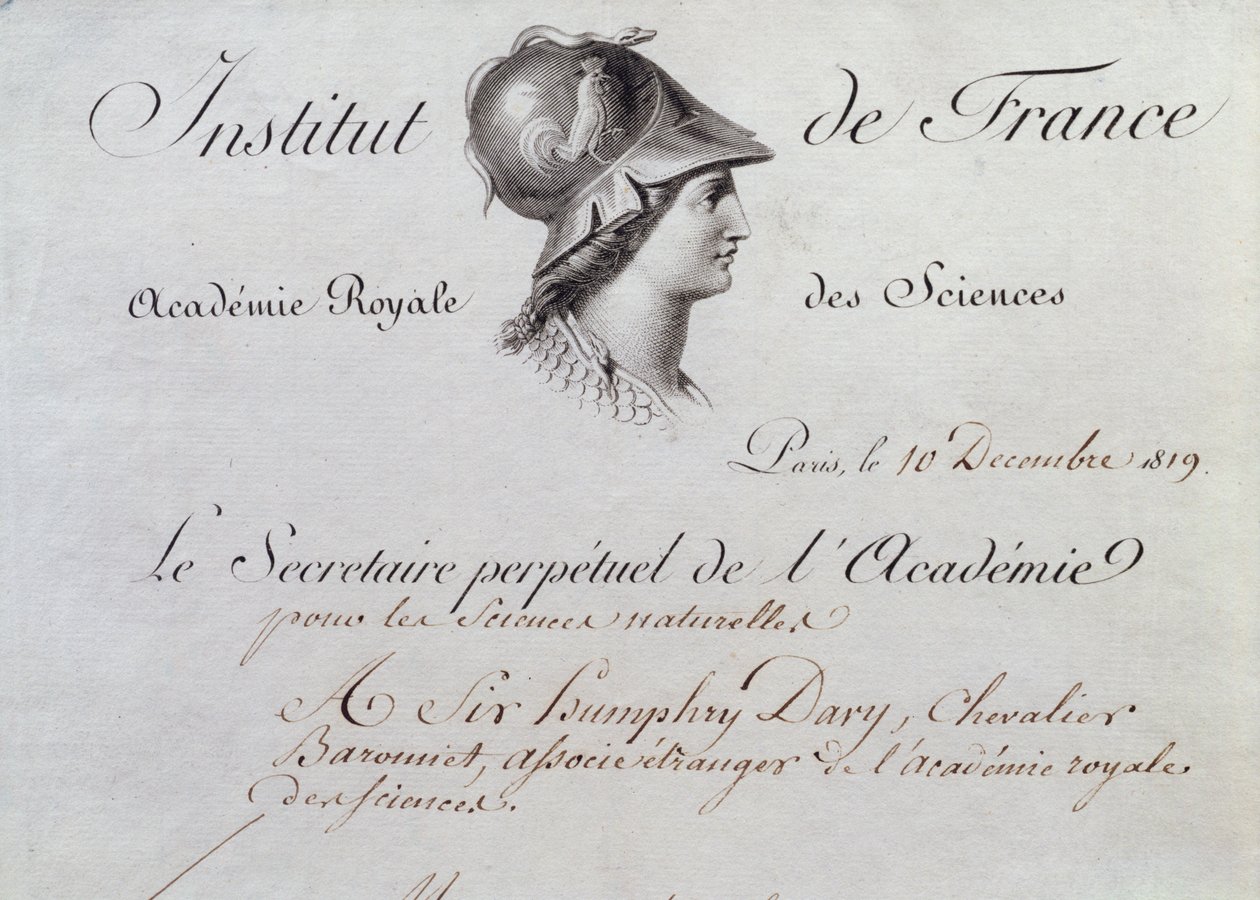 Sir Humphry Davys (1778-1829) intyg om medlemskap till Institut de France, 10 december 1819 av French School