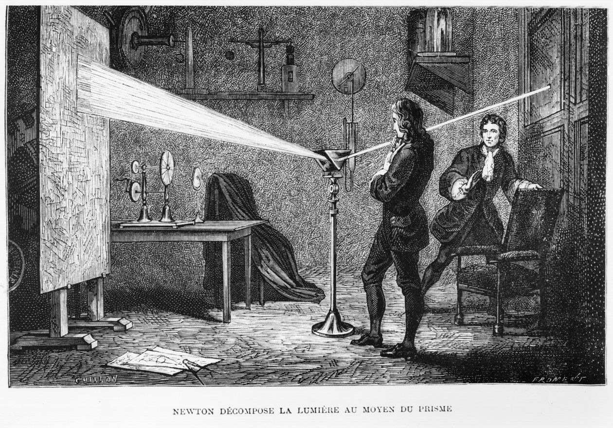 Sir Isaac Newton (1642-1727) bryter upp ljuset genom ett prisma, illustration från La Vie des Savants Illustres av Louis Figuier, 1868 av French School