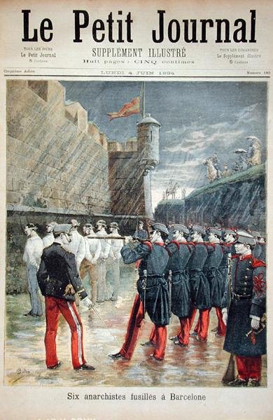 Sex anarkister avrättas i Barcelona, framsidan av Le Petit Journal, 4 juni 1894 av French School