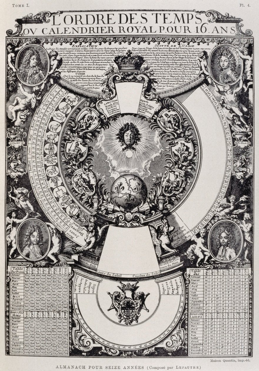 Sexton år almanacka designad av Lepautre, gravyr från Dictionary of furnishing and decoration, Volym I av French School