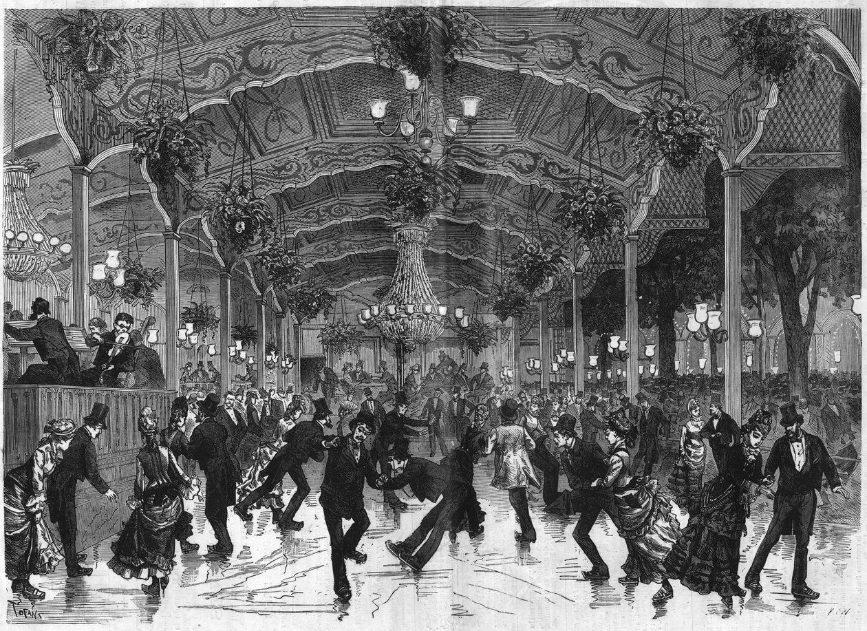 Skridskoring i Bullier. Spår för att dansa i rullskridsko på Bal Bullier i Paris. Gravyr i "The Illustrous Universe" av French School