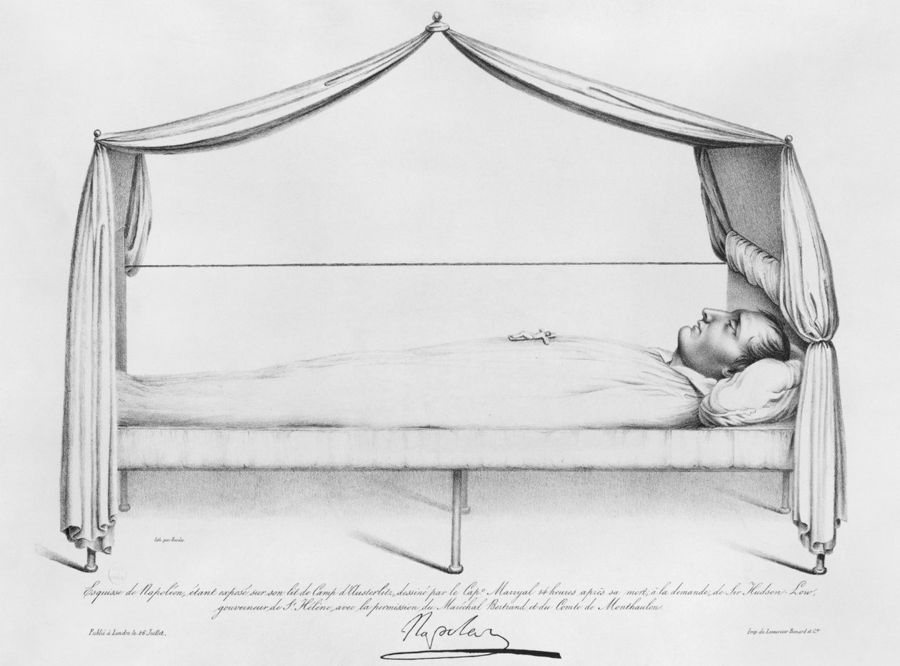 Skiss av Napoleon I (1769-1821) på hans dödsbädd tecknad i St. Helena av Capitaine Marryal, graverad av Bordes, 5 maj 1821 av French School