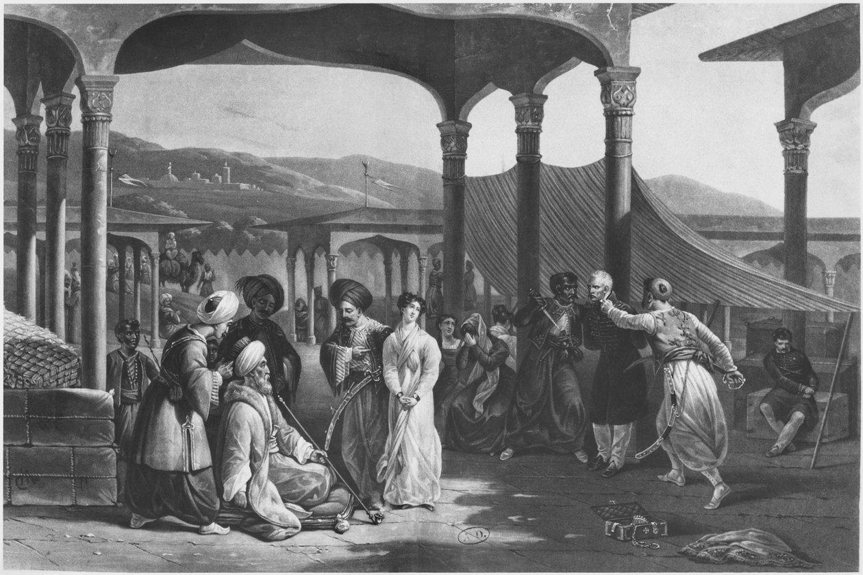Slavbasar, Alger, Algeriet, ca 1820 (litho) (s/v foto) av French School