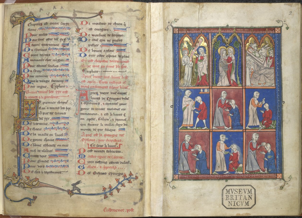 Sloane 1977,f.2 The Chirurgia: Bibliska och medicinska scener av French School