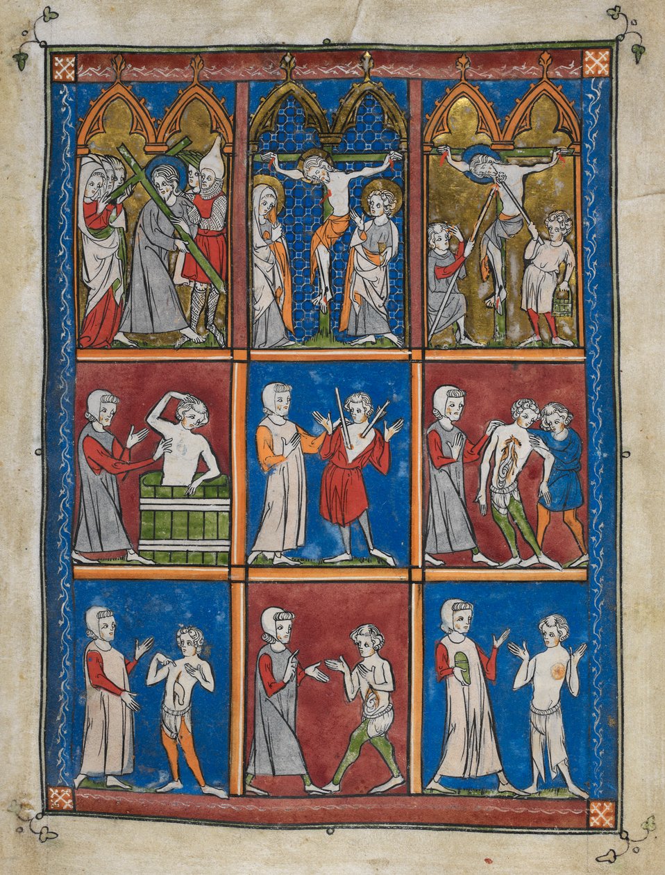 Sloane 1977,f.7 The Chirurgia: Nio miniatyrer som visar bibliska och medicinska scener. Ovan, Kristus som bär korset; Mary och St. John på Golgata; Kristus gav vinäger och genomborrade med lansen. Center och under, läkare som behandlar patienter för olika av French School