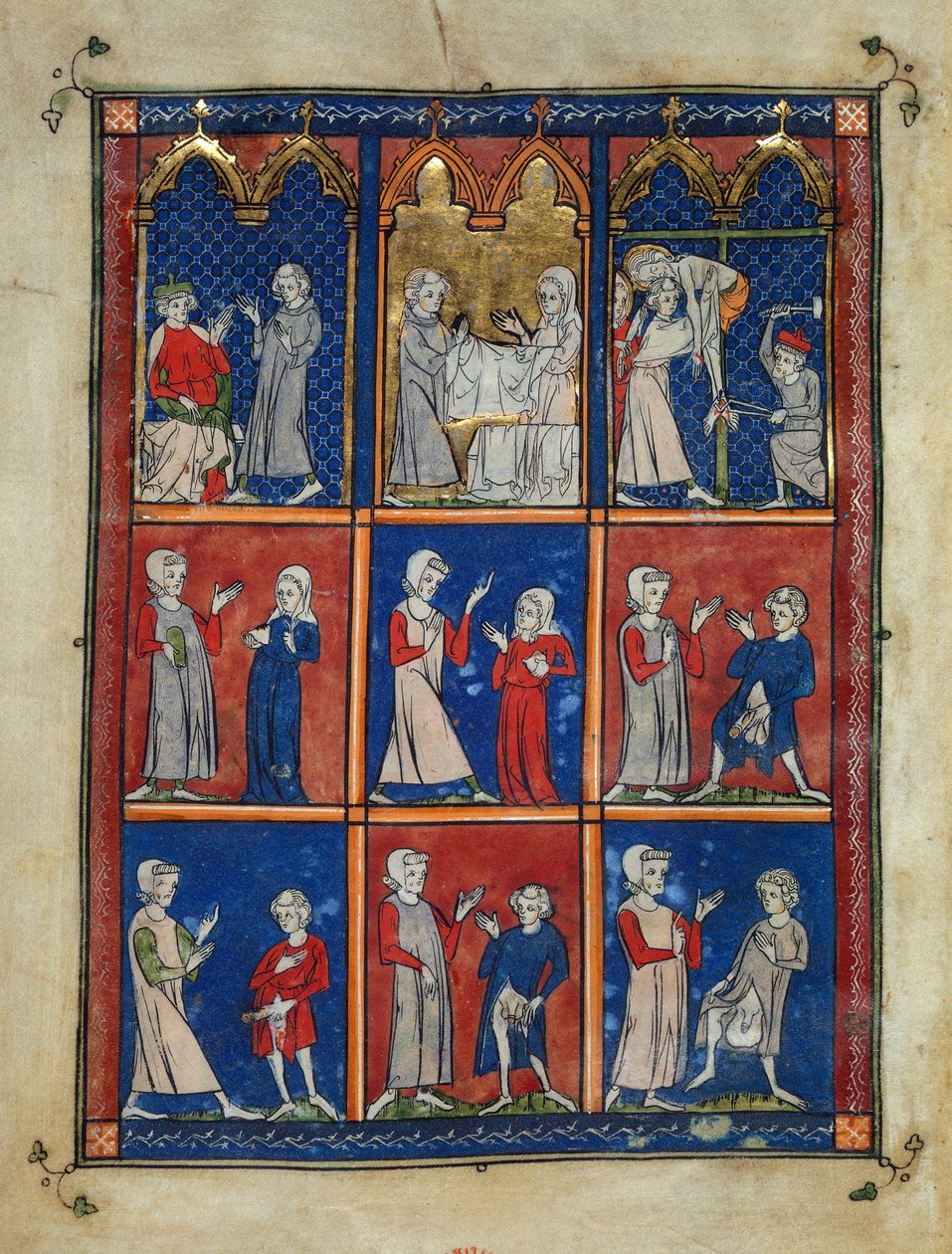 Sloane 1977,f.7v The Chirurgia: Joseph of Arimethea ber om Kristi kropp, Joseph och en kvinna med begravningslinnen, och Depositionen, och nedan, två kvinnor som presenterar ett sjukt bröst för en läkare och fyra män med olika könssjukdomar. av French School