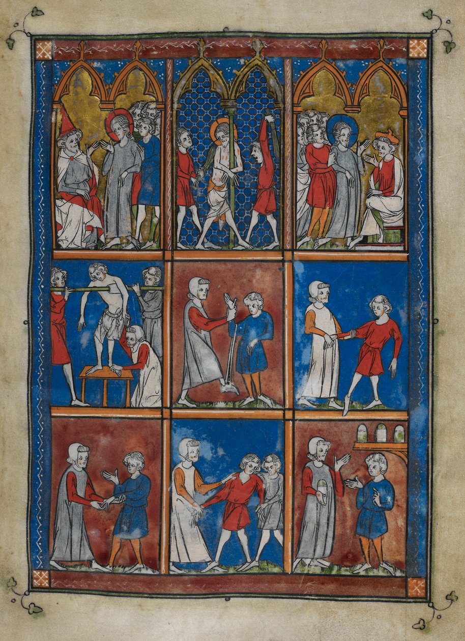 Sloane MS 1977 fol.6r Nio miniatyrer som visar bibliska och medicinska scener. Ovan, Kristus inför Kaifas och Pilatus; flagellationen. Mitt och under, läkare som behandlar patienter för brutna ben och andra åkommor av French School