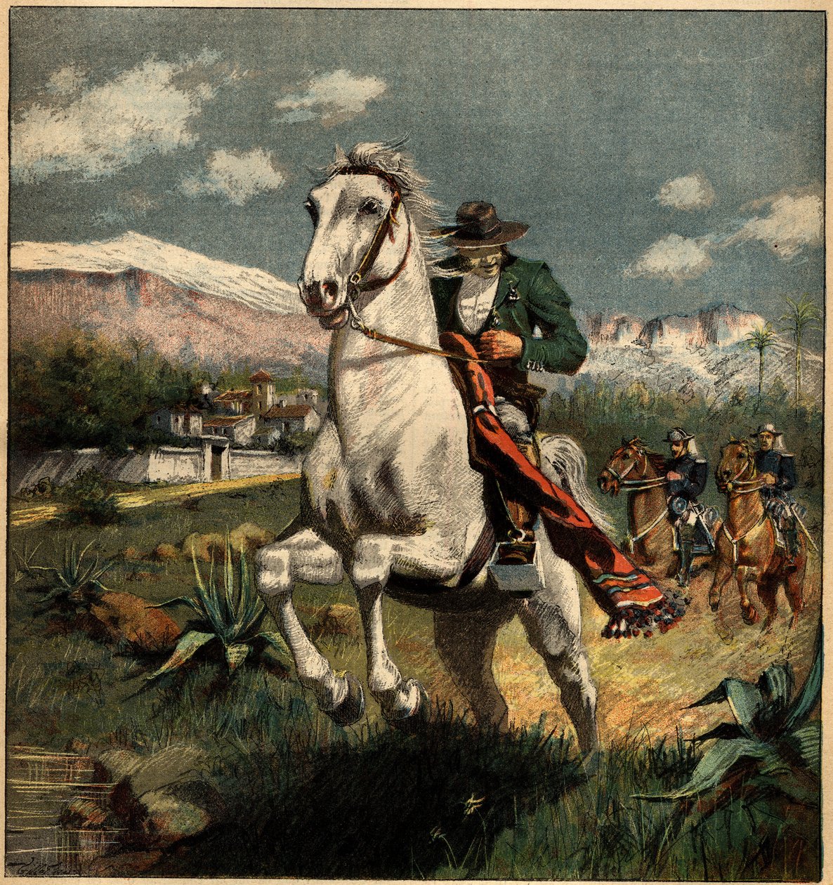 Smugglare i Pyrenéerna förföljd av kungens karabinieri. Gravyr i "" La Terre Illustree"" nr 75 av den 7 april 1892. av French School